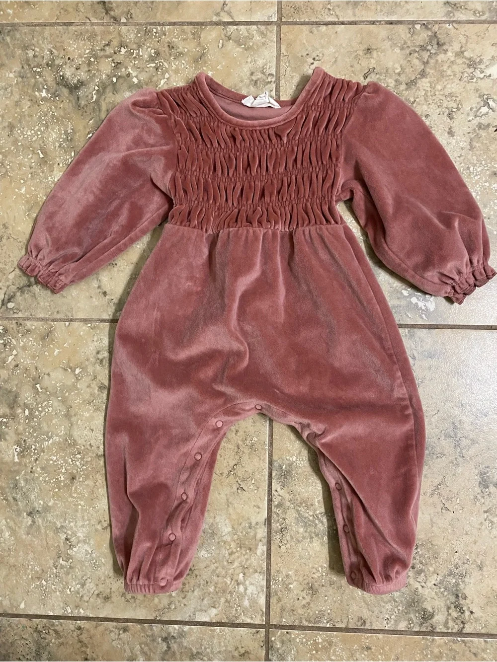 Jessica Simpson Dusty Rose Velour Smocked Baby Girl Jumpsuit Coquette Cozy 12mo